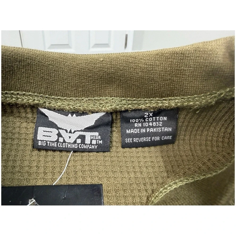 VTG BAT Big Time Clothing Mens 2X Long Sleeve‎ Olive Green Waffle Knit Thermal